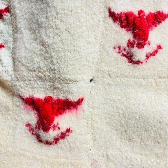 Vintage Wool Throw Blanket Red Patriotic Eagles Fringed 44 x 38  RARE u - Picture 2 of 8